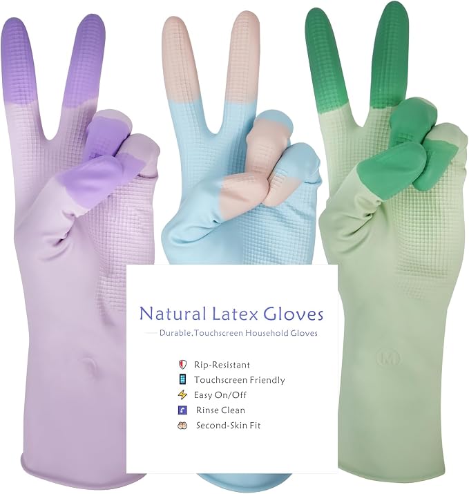 Small Natural Latex Gloves, Touchscreen & Rip-Resistant, 3-Pack, Purple Blue Green