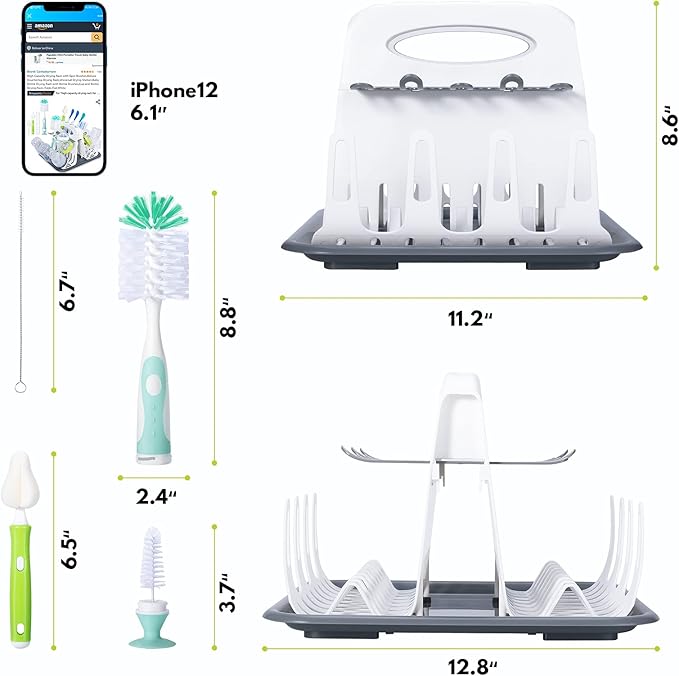 CAREBABYMORE High Capacity Drying Rack with 5pcs Brushes, Deluxe Countertop Drying Rack, Universal Drying Station, Baby Bottle Drying Rack with Bottle Brushes, White