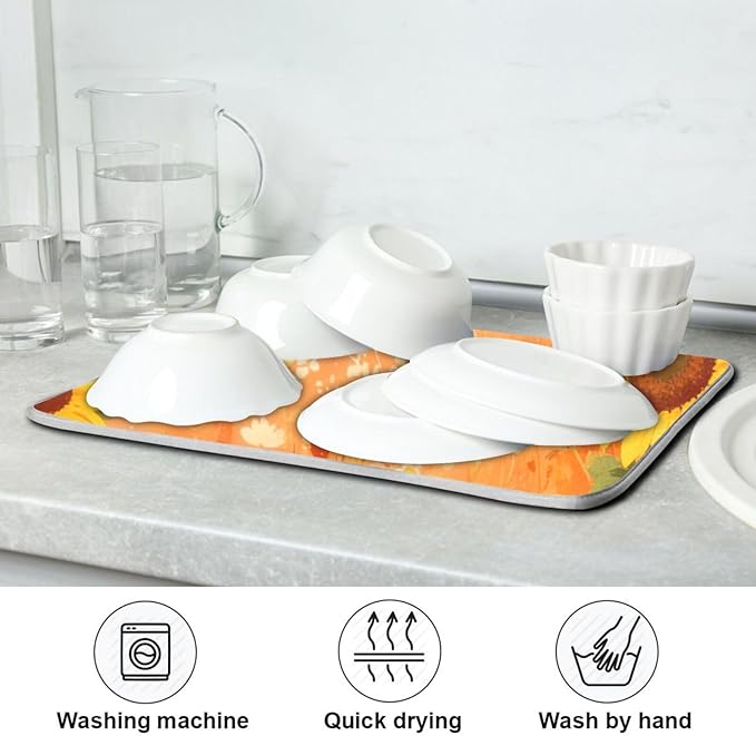 Fall Dish Drying Mat Microfiber Dish Drying Pads Kitchen Counter Draining Pad Sunflower Cornflower Poppy 16 x 18 Inches