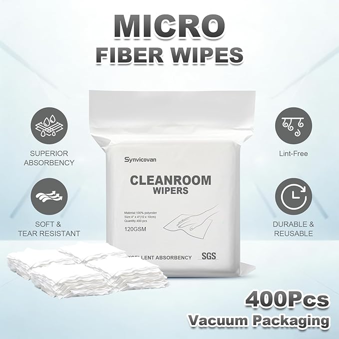 Cleanroom Wipers 4"x4"(400 Pcs, 100% Polyester, Class 100, 120GSM) Double Knit 100% Lint Free Cloths with Ultra-fine Filaments, Laser Sealed Edge Ultra-Soft Wipers