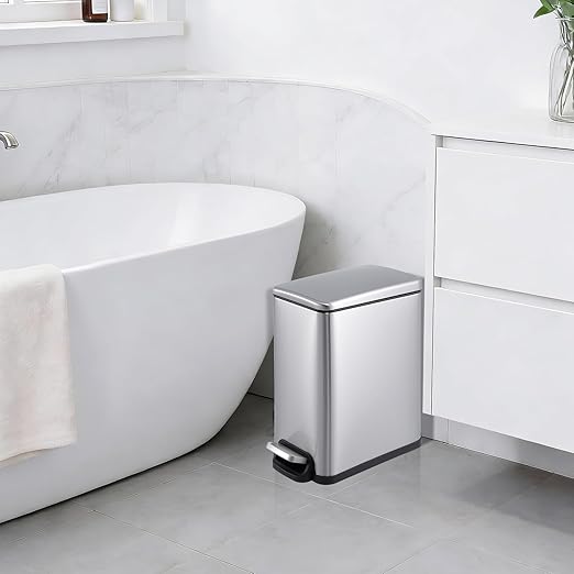Garvee 12 Gal and 2.6 Gal Stainless Steel Trash Can Combo Set, Slim Garbage Can for Kitchen and Bathroom, Metal Trash Bin with Removable Inner Bucket & Step On Foot Pedal, Silver