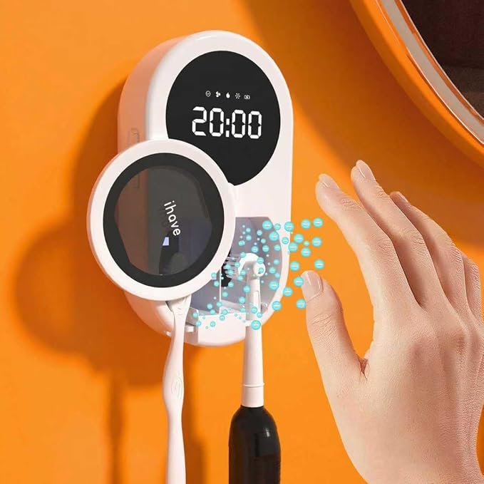 iHave UV Toothbrush Sanitizer Holder 2 Slots Wall Mounted Wave Sensor Auto | UVC+Ion 360 Dual Disinfection (No Dead Zone) • 4H Auto-Cycle (Bacteria Regrow in 4-8H) • Heat & Fan Drying • LED Time Display