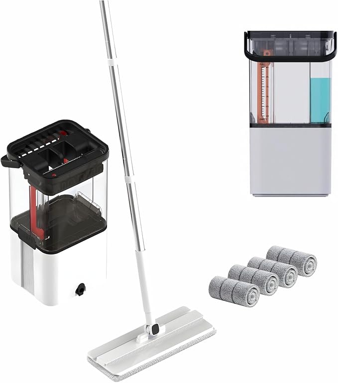 Self Cleaning No Dirt Flat Extendable Mop & Transparent Bucket System,Dual Chamber Design for Clean/Dirty Water Separation,Includes Microfiber Pads,Wet & Dry Floor Mop 360 (4 Refills)
