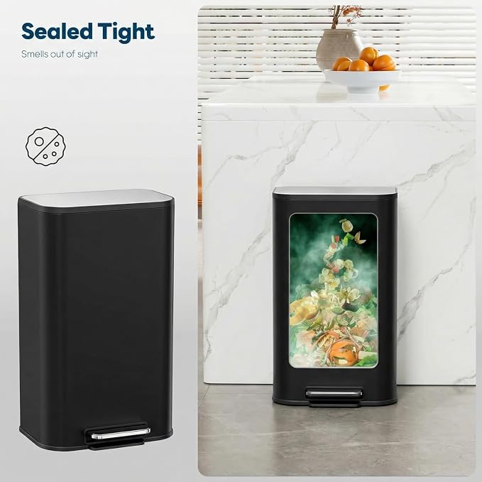 8 Gal/13.2 Gal Stainless Steel Kitchen Trash Can, Step Garbage Can with Soft-Close Lid & Removable Inner Bucket, Fingerprint-Proof Waste Bin with Wide Non-Slip Pedal for Home Office Bathroom