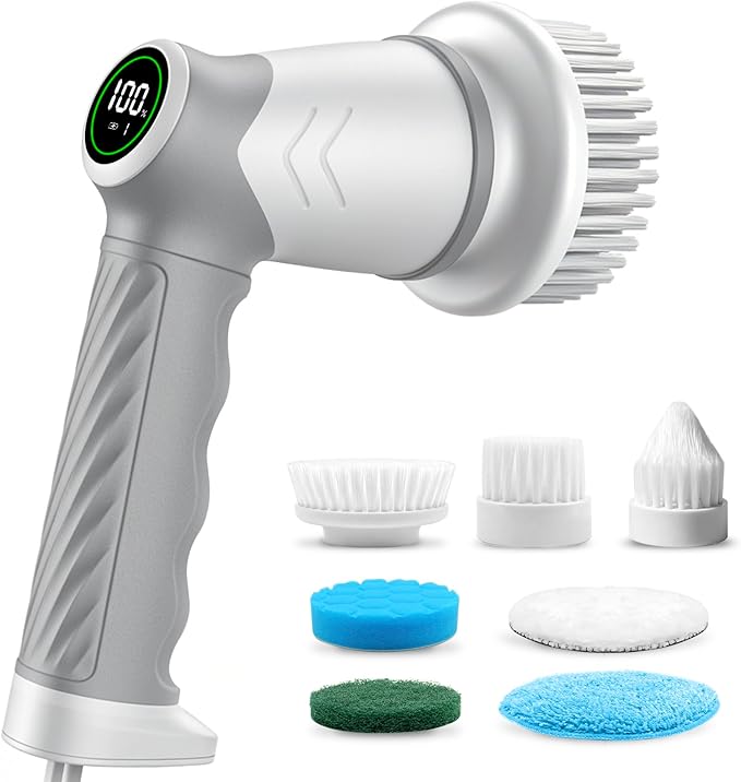 DAESUNG Electric Spin Scrubber, New Electric Bathroom Brush with 6 Replaceable Heads, Power Scrubber with LED Display, Electric Scrubbers for Cleaning Shower, Tile, Grout, Sink