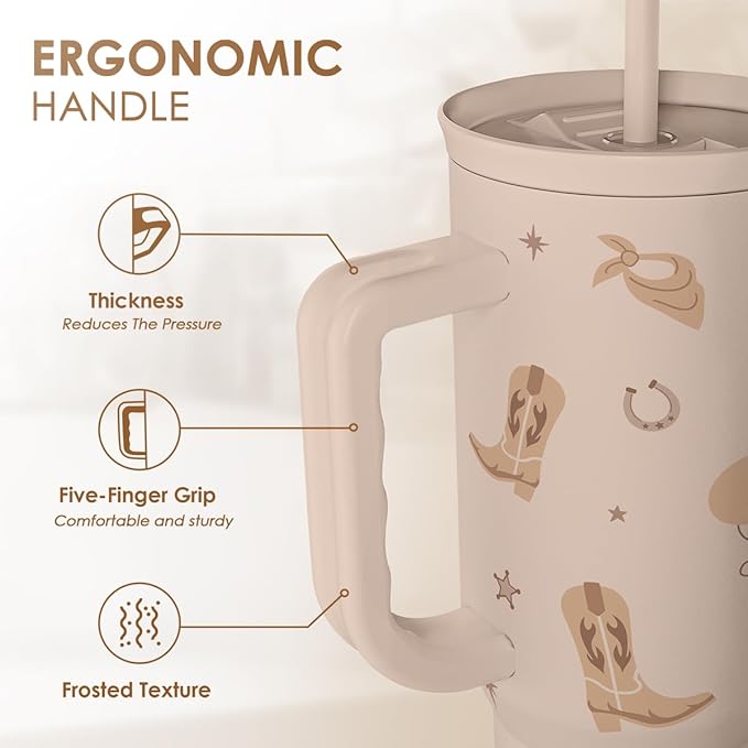 SANDJEST Cowgirl Tumbler 40oz for Women Girls – Stainless Steel Travel Coffee Mug Cup with Handle and Straw, Gift for Birthday Christmas