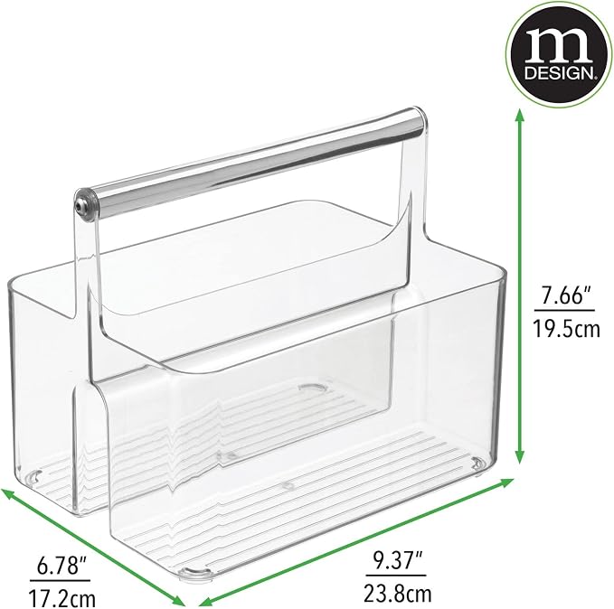 mDesign Plastic Shower Caddy Storage Organizer Utility Tote, Divided Basket Bin - Metal Handle for Bathroom, Dorm, Kitchen, Holds Soap, Shampoo, Conditioner - Aura Collection - Clear/Chrome