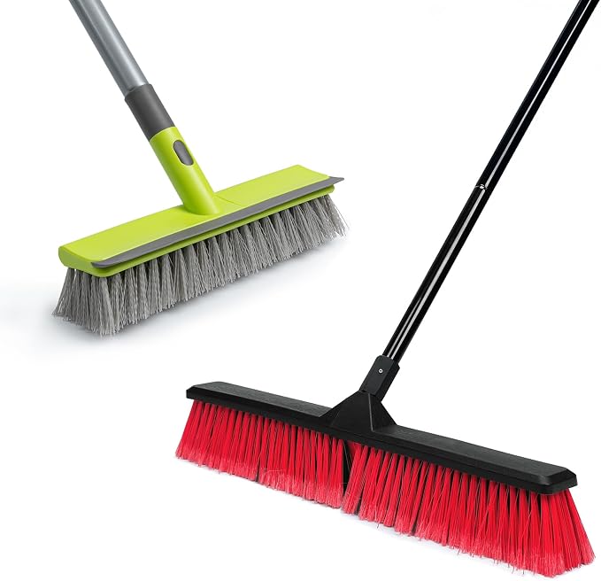 Floor Scrub Brush and 24-inches Push Broom, 2 in 1 Floor Brush and 24" Outdoor Push Broom Brush for Floor Cleaning