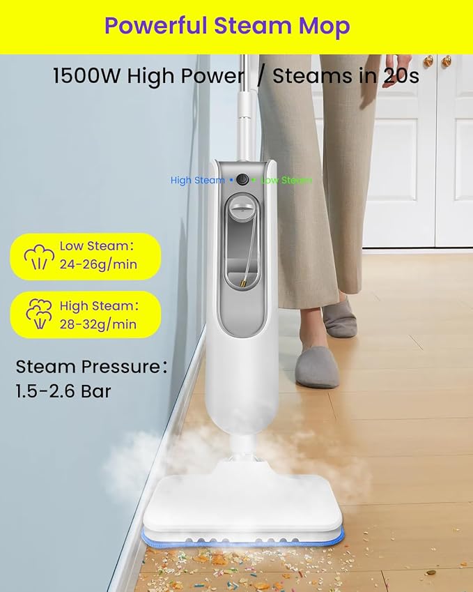 Steam Mop for Floor Cleaning, Effortless Ergonomic Design Floor Steamer for Hardwood and Tile, Adjustable Steam Modes, 1500W High Power, 16.4ft Cord, 400Ml XL Tank, 2 Washable Pad (1) (6)