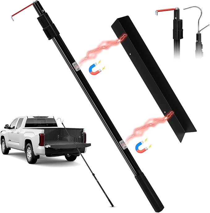 6.9 Ft Magnetically Mounted Truck Cargo Grabber Reach Retriever Tool with Two Hooks, Upgraded Extendable Telescoping Pickup Truck Bed Retriever Tool Magnetic Heavy Duty Truck Bed Accessories