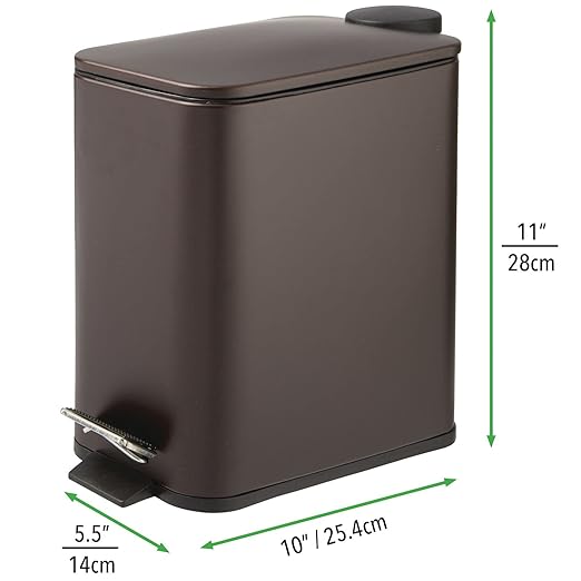 mDesign Rectangular Pedal Bin – 5 L Metal Waste Bin with Pedal, Lid and Plastic Bucket Insert – Household Rubbish Bin for Bathroom, Kitchen and Office – Bronze