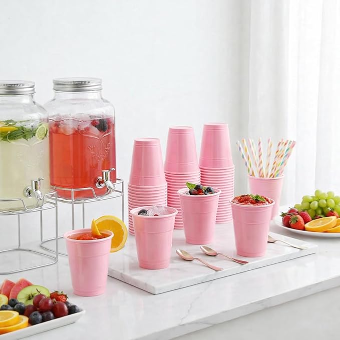 Sabary 100 Pack 12oz Plastic Cups Light Pink Wedding Heavy Duty Drinking Disposable Cups with Lines for Beverage Graduation Holiday Camping Barbecues Birthday Party Summer Outdoor Picnic