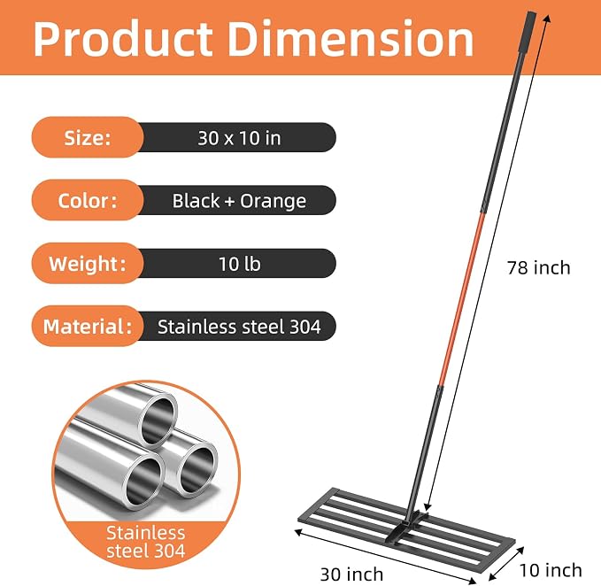 30" x 10" Leveling Rake for Backyard Leveling Kit, 6.5FT Heavy Duty Lawn Leveling Tool for Uneven Grass & Soil, Stainless Steel Yard Leveling Rake for Seeding, Includes Bonus Gloves & 2 Hooks, Black
