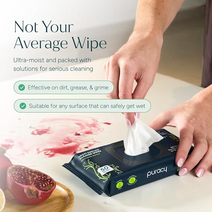 Puracy All-Purpose Cleaning Wipes – Non Toxic All Purpose Cleaner for Grease & Grime, Appliance Wipes, Lemongrass Scent (10.8 oz, 3 Pack, 150 Count)