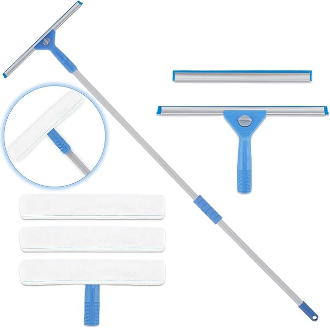 AMERWASH PLUS Window Squeegee Washing Kit for High Window, Shower Glass Door, Mirror Cleaning, with 69-inch Extension Pole, Extra 14'' Wide Squeegee and 2 Microfiber Scrubbers Included