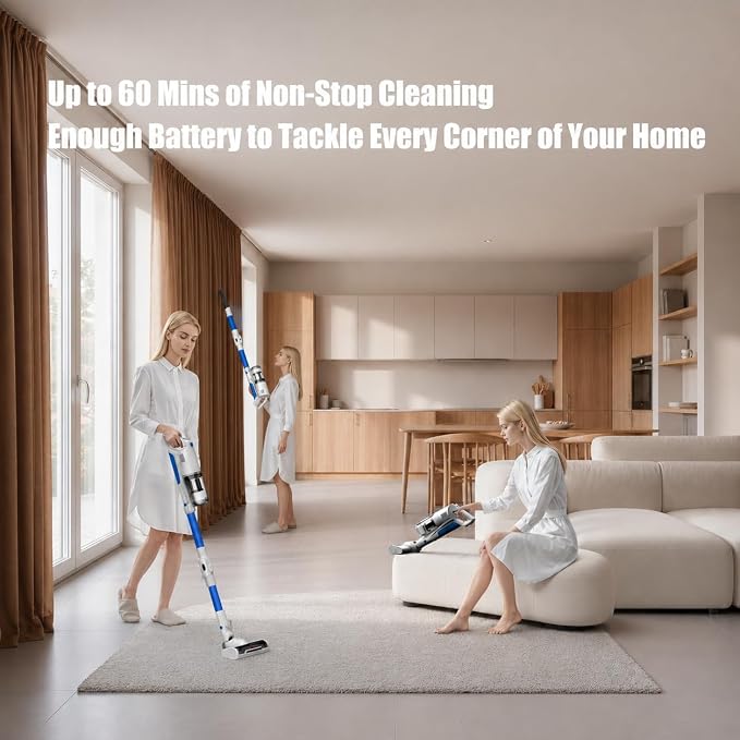 Cordless Stick Vacuum Cleaner, Powerful Suction Anti-Tangle Brush Vacuum with LED Headlight, Lightweight Vacuum Cleaner for Hardwood Floor Carpet Pet Hair (Blue)