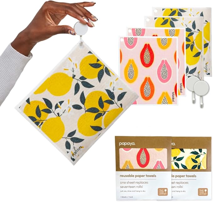 Papaya Reusable Paper Towels, Premium Swedish Dishcloths with Hook, Non-Scratch Reusable Paper Towel, 1 Sheet Replaces 17 Rolls - 4 Sheets, 2 Hooks