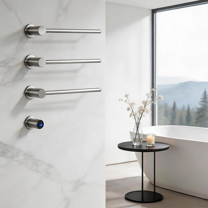 Electric Towel Warmer Concealed, Swivel Heated Towel Rack for Bathroom, Built-in Modular Electric Towel Rack with Timer, Thermostat, LED Display, 3 Bar 180° Rotation, Hardwired (Nickel, 3-Bar)