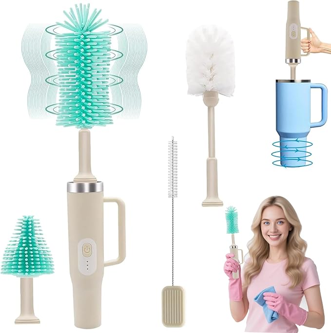 5 in 1 Electric Bottle Brush Cleaner Compatible Stanley Bottle Brush Straw Cleaner Multifunction Rechargeable IPX6 Waterproof Extra Long Design for Stanley Cup, Sports Bottle and More (Beige)