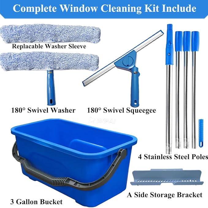 Window Cleaning Kit with 3 Gallon Bucket, 14 Inch Squeegee and Scrubber, 60 Inch Long Handle Window Cleaner Tool, Professional Window Washing Equipment for Home, RV and Commercial Use