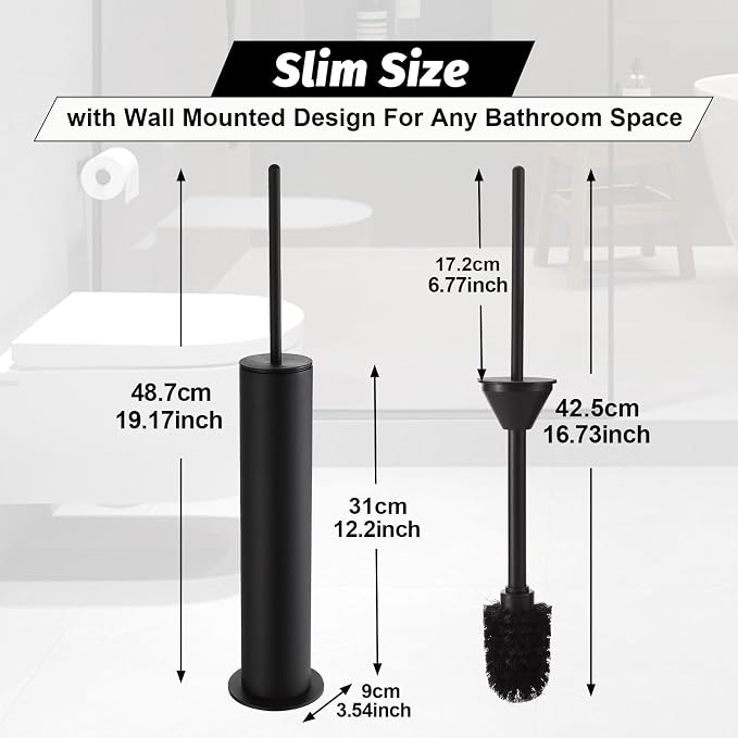 BGL Toilet Brush with Holder Set Matte Black Aluminium Standing for Bathroom Toilet Bowl Cleaner Brush and Holder Set, Round Design