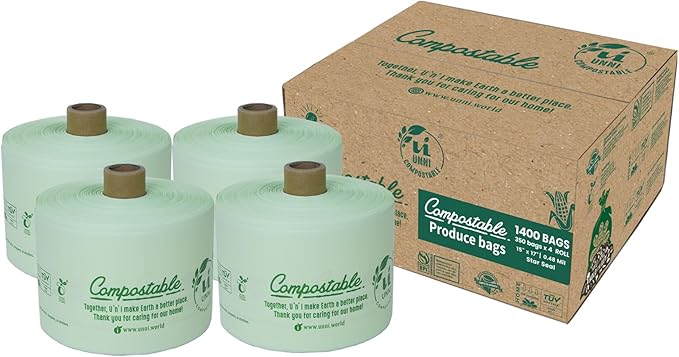 UNNI Compostable Produce Bags, 15"x17", 1400 Count, ASTM D6400, BPI, CMA & OK compost HOME Certified, For Farmers Markets, Grocery Stores & Sustainable Produce Storage, Rooted in San Francisco