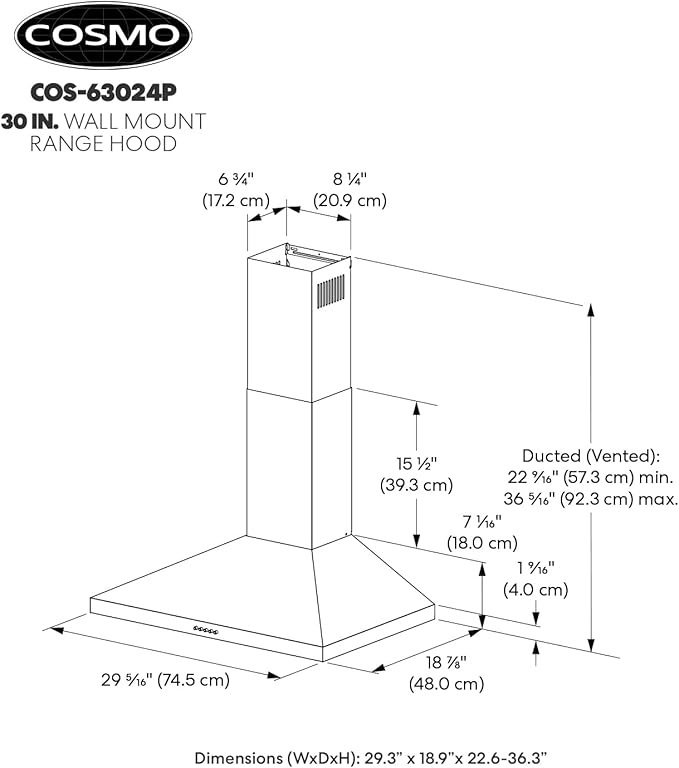 COSMO COS-63024P 30 in. Nebula Collection 250 CFM Ducted Wall Mount Range Hood, Button Control, LED Lights, Mesh Filters, Stainless Steel