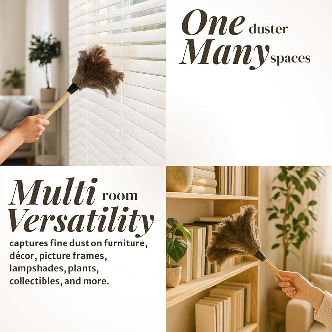 Ostrich Feather Duster with Wooden Handle 14" – Natural Reusable Feather Duster for Cleaning, Furniture & Shelves, Blinds, Ceiling Fan, Dusting Tool for Home, Office, Delicate Surfaces - 2 Pack