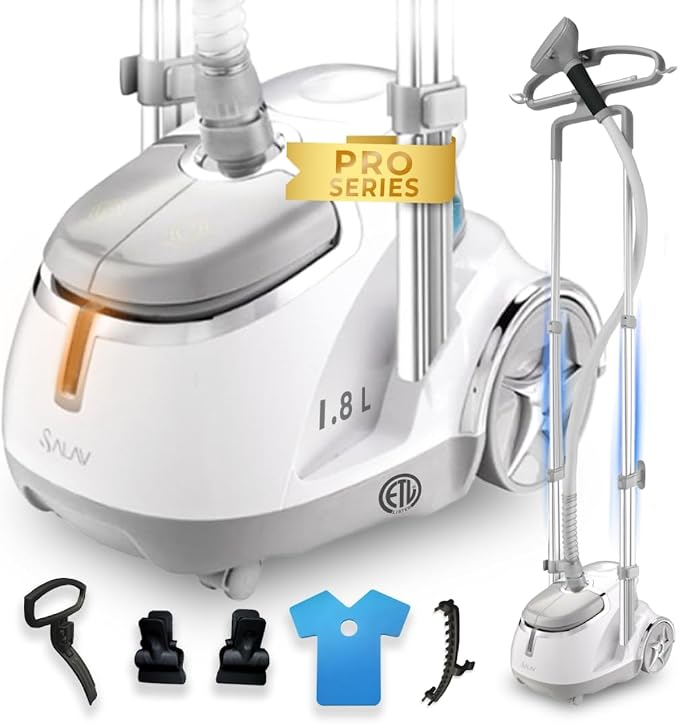 SALAV Professional Standing Garment Steamer with Retractable Power Cord, Foot Pedal Control