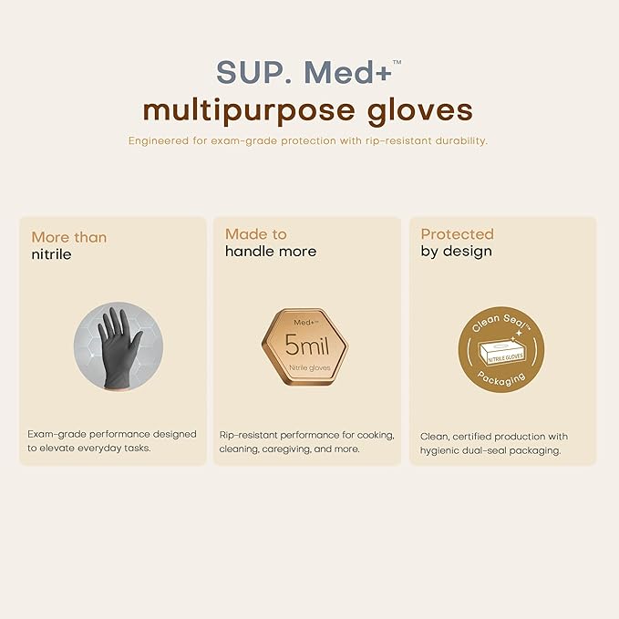 SUP Disposable Nitrile Exam Gloves, 5 Mil Powder-Free Latex-Free Food Safe for Medical Cooking Prep Cleaning, Black 750 Count