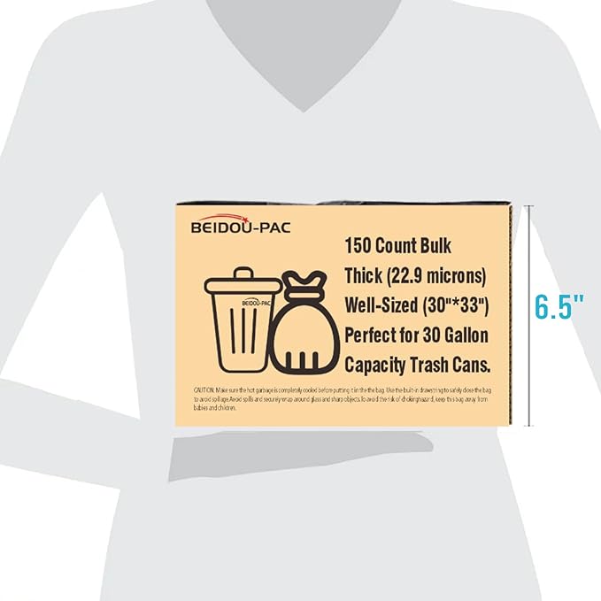 BEIDOU-PAC 30 Gallon Trash Bags Drawstring, 150 Count Bulk, Black | Unscented | Heavy Duty Multi-purpose Garbage Bags Can Liners for Business Home Kitchen Commercial and Industrial