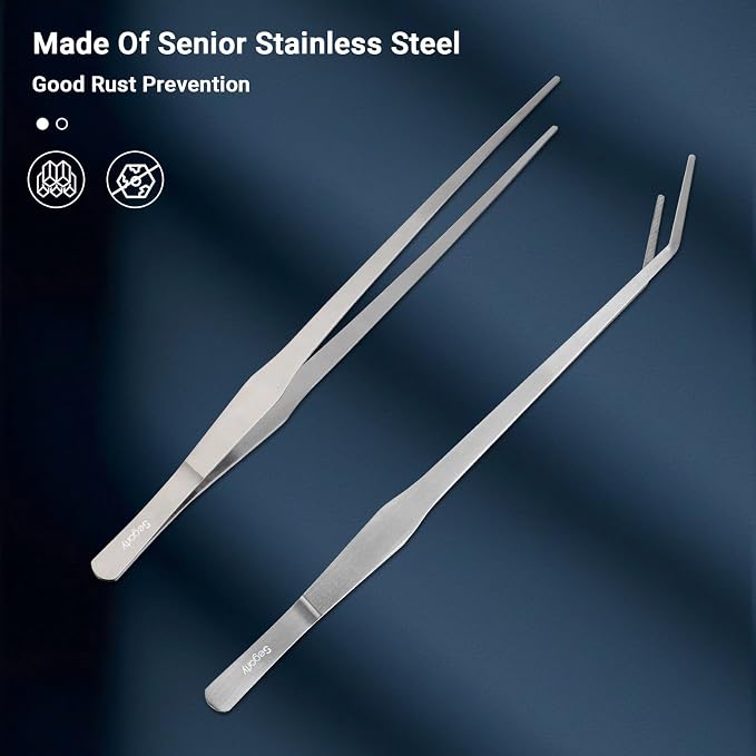 Segarty Longer Tweezers Aquascaping Tools with 1 Bag, 2 in 1 Stainless Steel Silver Aquarium Tools Kit for Fish Tank Aquatic Plant, Feeding Tweezer Curved Tweezer Anti Rust Aquascape Set