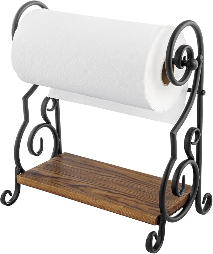 MyGift Black Metal Countertop Paper Towel Holder with Rustic Solid Burnt Wood Storage Shelf and Scrollwork Design, Easy Refill Single Roll Holder