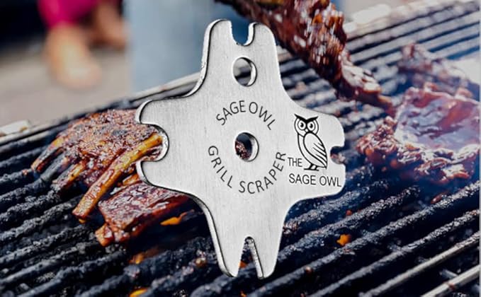 Sage Owl Bristle-Free Brass BBQ Grill Scraper Combo – Includes Stainless Steel Grill Cleaner for Outdoor Grills, Porcelain Grates Barbecue Tool and Accessories - Gifts for Men