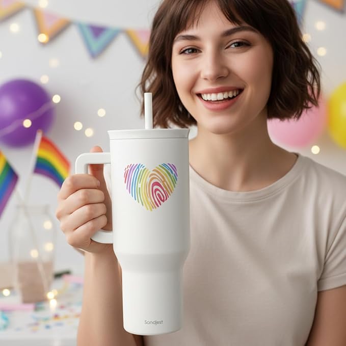 SANDJEST LGBT 40oz Tumbler with Handle and Straw, Insulated Stainless Steel Travel Coffee Mug for Gay Lesbian Adults Friends, Gift Idea for Birthday Christmas Pride Month (Heart Fingerprints)