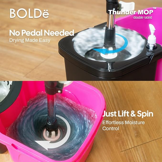 Thunder Mop Spin System - Double-Sided - 2 Compact Stackable 6L Buckets, Microfiber Head, Stainless Steel Wringer, Antifungal Quick-Dry Cleaning, Soap Dispenser, 3 Free Refills (Black/Grey)