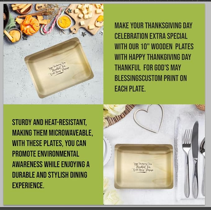 10" Wooden Plates with "Thankful for God's Blessings" Custom Print - Pack of 25ct