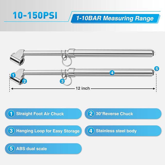 Nilight Dual Head Tire Pressure Gauge Heavy Duty Truck Air Chuck Range 10-150PSI 1-10Bar Tire Pressure Checker Straight-On Tire Air Gauge Extended Tube for Semi Truck, RV, Car, Motorcycle