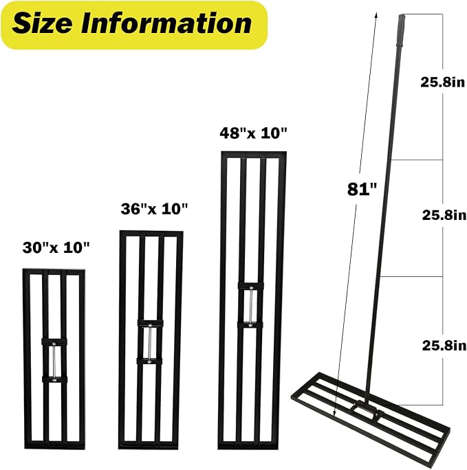 30"x10" Lawn Leveling Rake - High Carbon Steel Yard Lawn Leveler Tool with Adjustable Long Handle | Multi-Surface Levelawn Tool for Soil, Grass, Golf Course, Garden & Farm Care