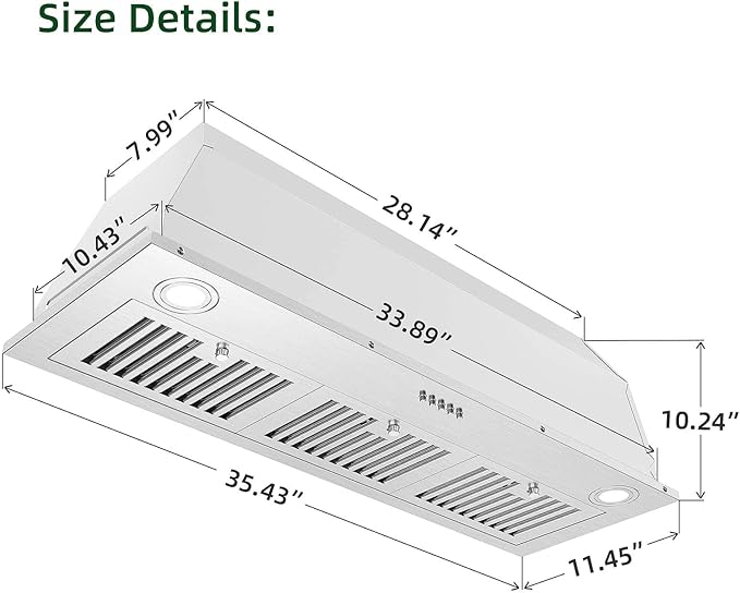 JOEAONZ Range Hood Insert 36 Inch 600CFM Stainless Steel Household Built-in Vent Hood Ducted/Ductless Convertible, Kitchen Ventilation Stove Exhaust Fan, Dual LED lights, Split Grease Baffle Filters