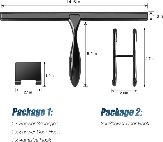 Simtive 14-Inch Shower Squeegee (Includes 1 Shower Door Hook and 1 Adhesive Hook), Shower Door Hooks (2-Pack), Both Black, 2 Item Bundle