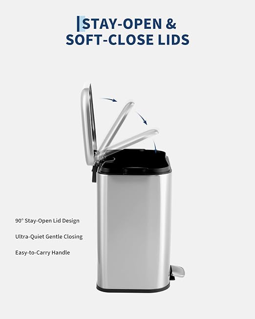 1.3 gal/5L Stainless Steel Kitchen Trash Can, Step-on Recycling Bin with Soft Close Lid, Removable Inner Bucket, Rectangular Wastebasket for Office Living Room, Silver