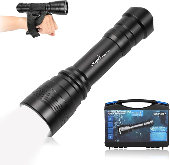WD43PRO Scuba Diving Light, 1050 Lumens Dive Torch, Underwater 150m Waterproof Flashlight with Wrist Strap, 4 Modes Compact Backup Light for Night Diving, Snorkeling, Cave