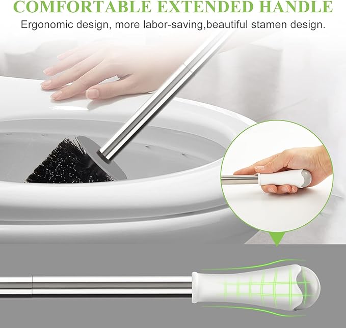 AONEZ Compact Toilet Brush & Holder, Stainless Steel Handle, Space Saving for Storage, Deep Cleaning, Drip-Proof, Easy to Assemble, Nylon Bristles, White & Grey