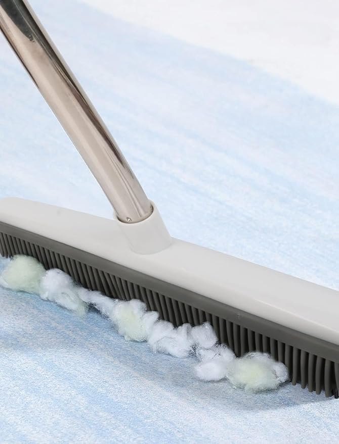 Pet Hair Rubber Broom with Squeegee for Carpet,Fur Remover Broom Carpet Rake for Pet Hair Removal, with 50" Long Handle, Dual-Sided for Hardwood Floor, Tile,Portable Detailing Lint Brush White