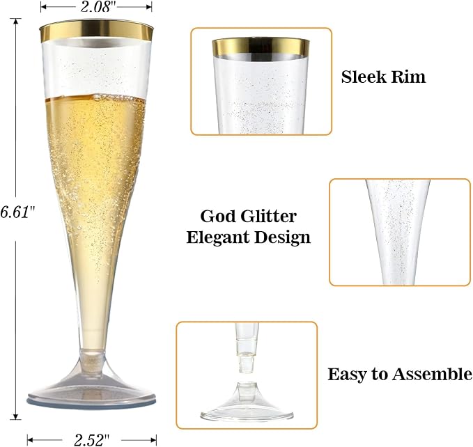 Bestluck 100 Pack Champagne Flutes Plastic, 4.5 oz Gold Glitter Plastic Disposable Stemware with Gold Rim, Disposable Champagne Flutes for Party, Mimosa Bar, Wedding, Anniversary and Graduation