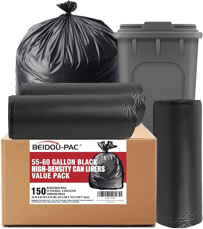 BEIDOU-PAC 55-60 Gallon Trash Bags, 150 Count Bulk, Black Heavy Duty Garbage bags, Multi-purpose Trash Can Bin Liners for Business Home Commercial, Industrial Contractors, Storage, Outdoor