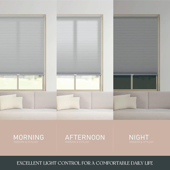 REGAL estate QuickInsta PeelMount No Drill No Tools Cordless 1" Light Filtering Cellular Shade, 41.5" W x 64" H, Light Gray