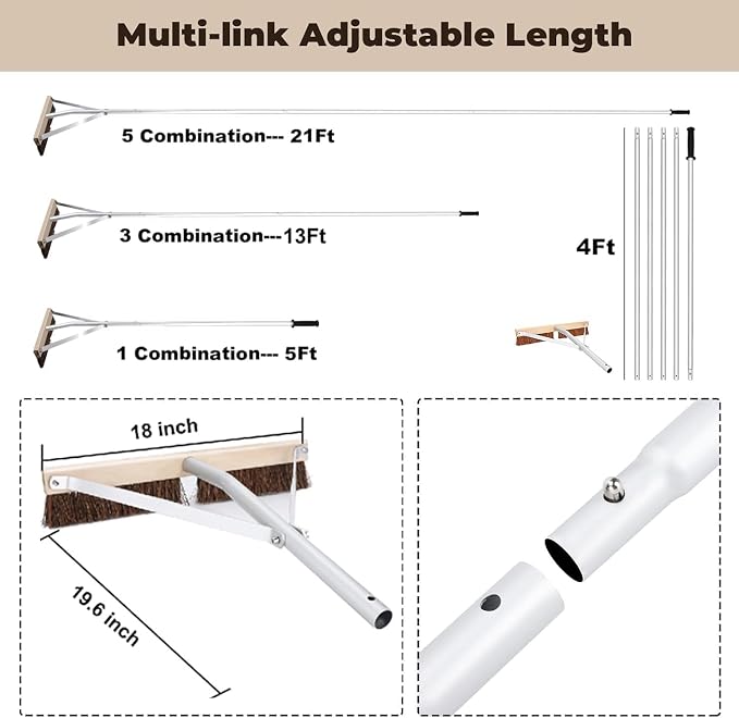 Leaf Roof Brush with Gloves, Roof Rake Remove Leaves, Adjustable 5-21ft Roof Cleaning Brush Tool for Shingles, Corrugated, Solar Panel, Lightweight Long Handle Extension Aluminum Poles Broom (21FT)