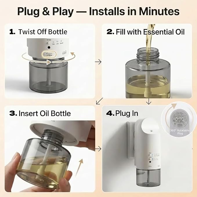 Plug in Waterless Essential Oil Diffuser for Home, 160ML Wall Scent Diffuser, Up to 500 Sq Ft, 4 Fragrance Levels, 12H/24H/Smart Light Sensor Modes, Quiet Aroma Diffuser, White